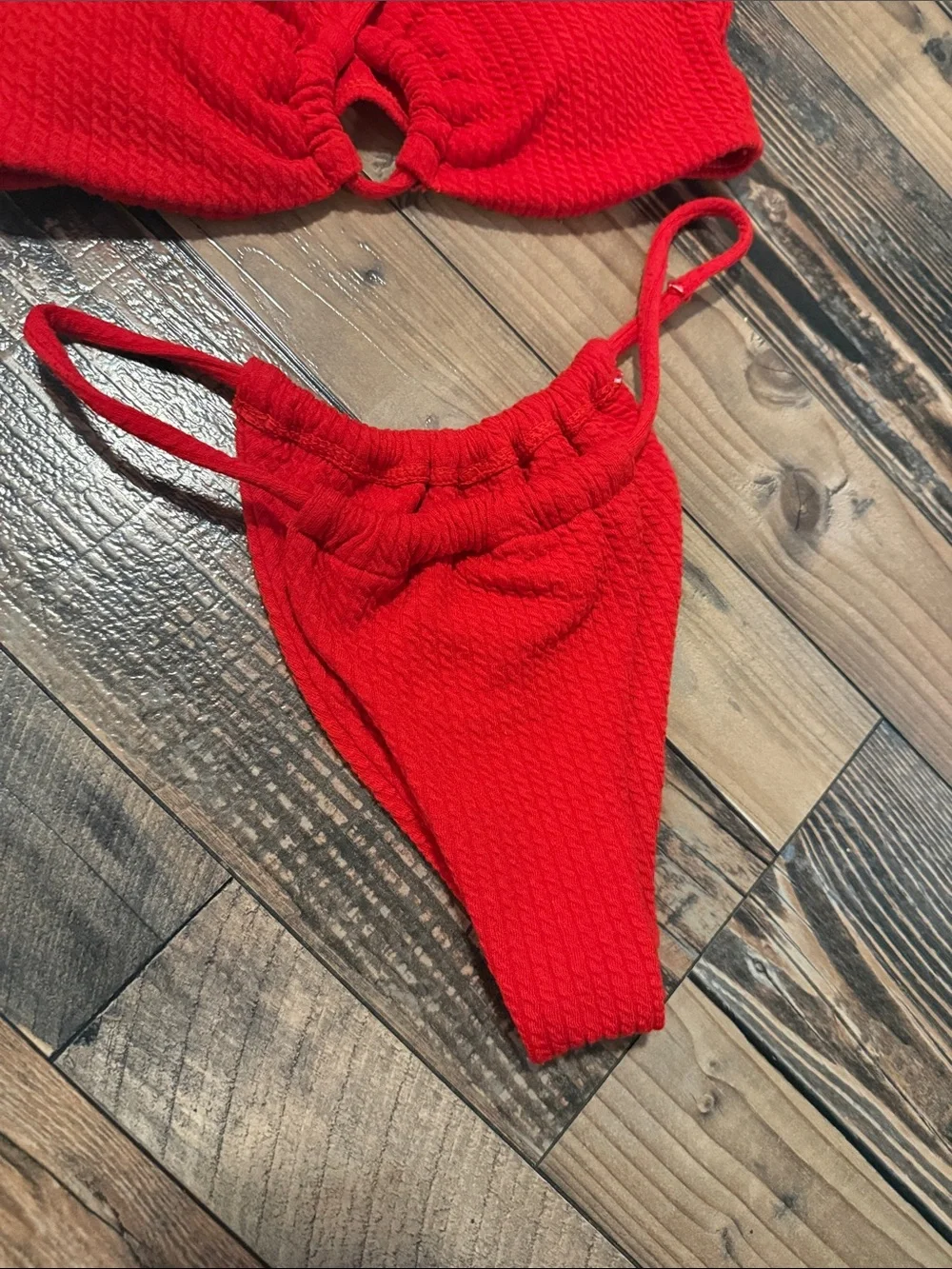 Red Textured Cheeky Tanga Bikini Set